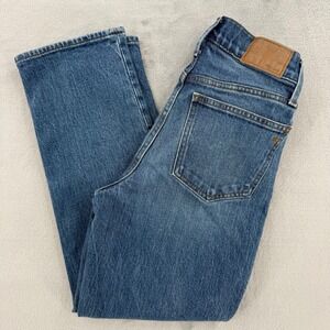 Madewell Straight Leg Jeans in Medium Blue with Tan Patch